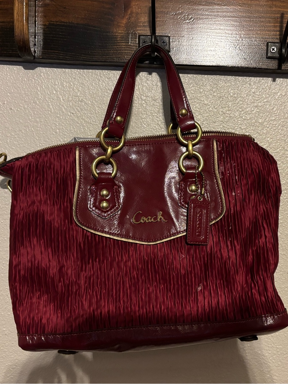 Coach burgundy Pleated Shoulder Tote with Gold Hardware